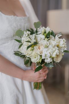 White Freesia & Rose Bridal Bouquet - Round Clutch Style
