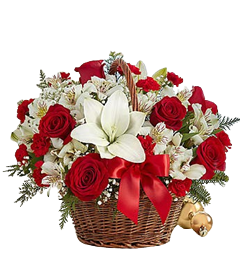 Christmas flowers with red roses, lilies and alstroemeria for Christmas flowers delivery.