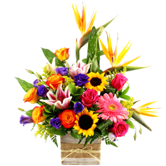 Tropical Jungle Cube includes roses, gerber daisies, lisianthus, lilies & sunflowers in a wood cube